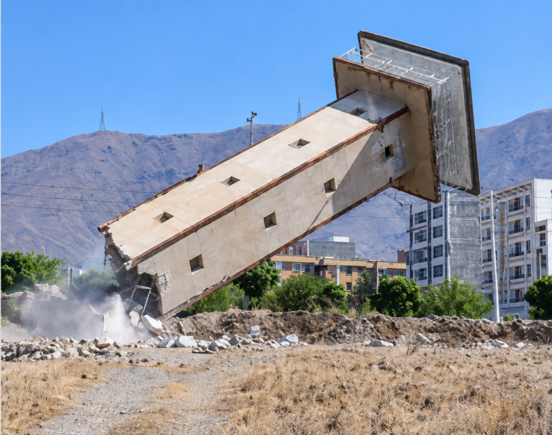 Demolition of a prison watchtower at Gohardasht Prison in Karaj, Iran, a key site linked to the 1988 massacre of political prisoners.